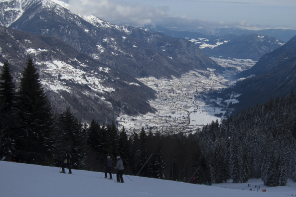 View from Pinzolo ski area above the town of Madonna di Campiglio in the Dolomites