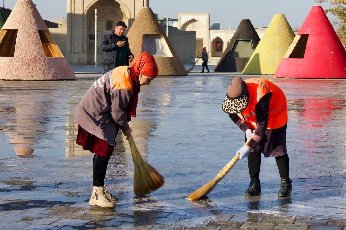 Washing and Sweeping the Streets of Bukhara, Uzbekistan