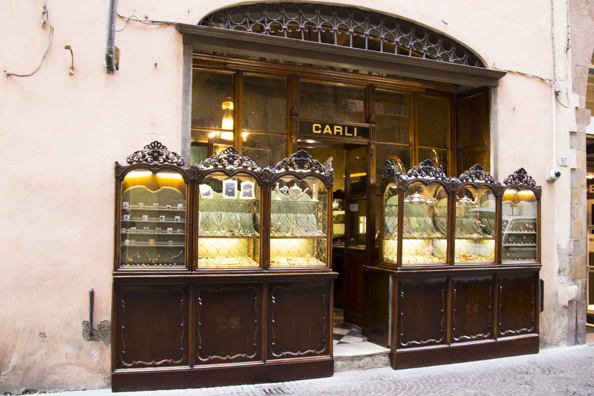 A jewellers on the shopping street Via Fillungo in Lucca, Tuscay in Italy