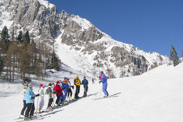 A ski lesson in San Martino di Castrozza in the Italian Dolomites