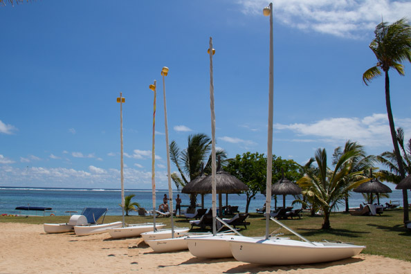 Boats lined up outside the water sports centre at the Tamassa hotel, Bel Ombre on Mauritius