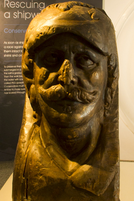Carved wooden head rescued from the Swash Channel Wreck and on display in Poole Museum on Poole Quay-7991