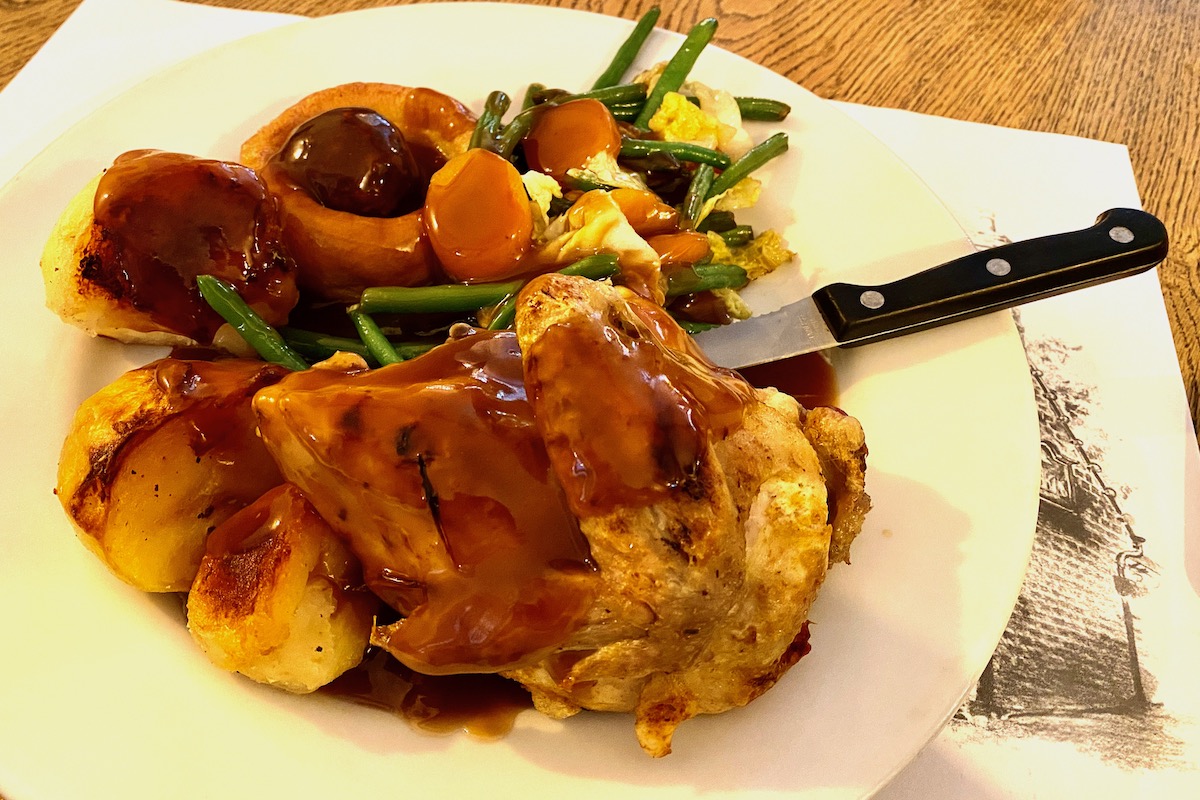 Chicken Sunday Roast at Roundbush pub in Radlett, Hertfordshire