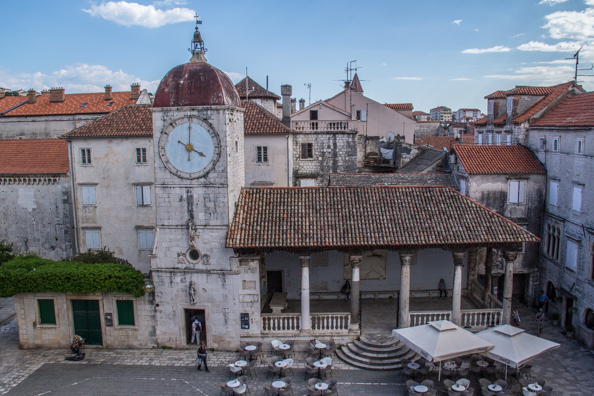 Church of St Sebastian with the city clock tower and the city loggia in Trogir, Croatia