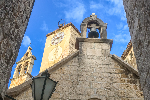 Clock Tower, the Church of Saint Rocco and the Church of the Holy Spirit and Bell Tower in Omis in the Dalmatian region of Croatia
