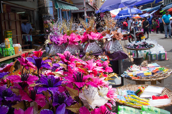 Colourful stalls in the street market outside the Central Market in Port Louis on Mauritius