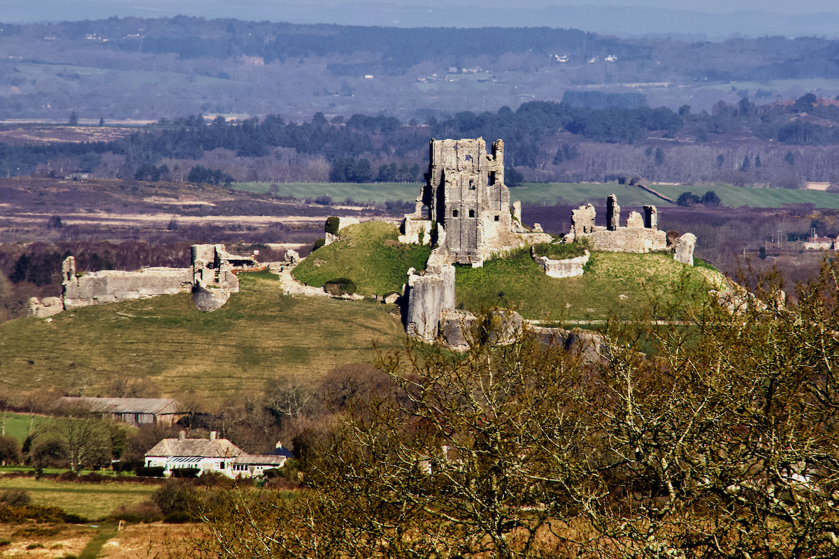 Corfe Castle from the Garden of the Scott Arms at Kingston in Dorset