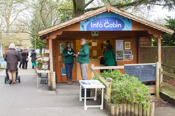 David and Victoria greeting visitors at the Info Cabin at Marwell Zoo in Hampshire