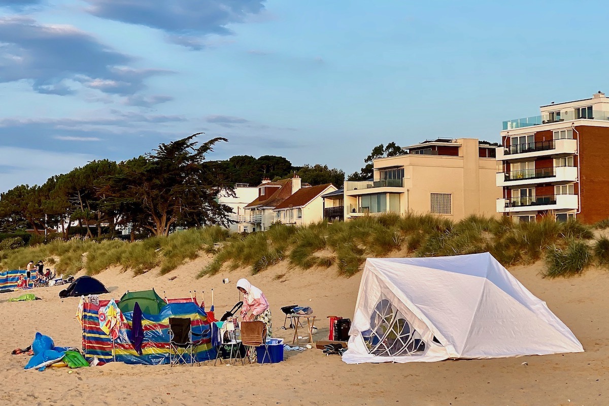 Encampment on Sandbanks Beach in Dorset