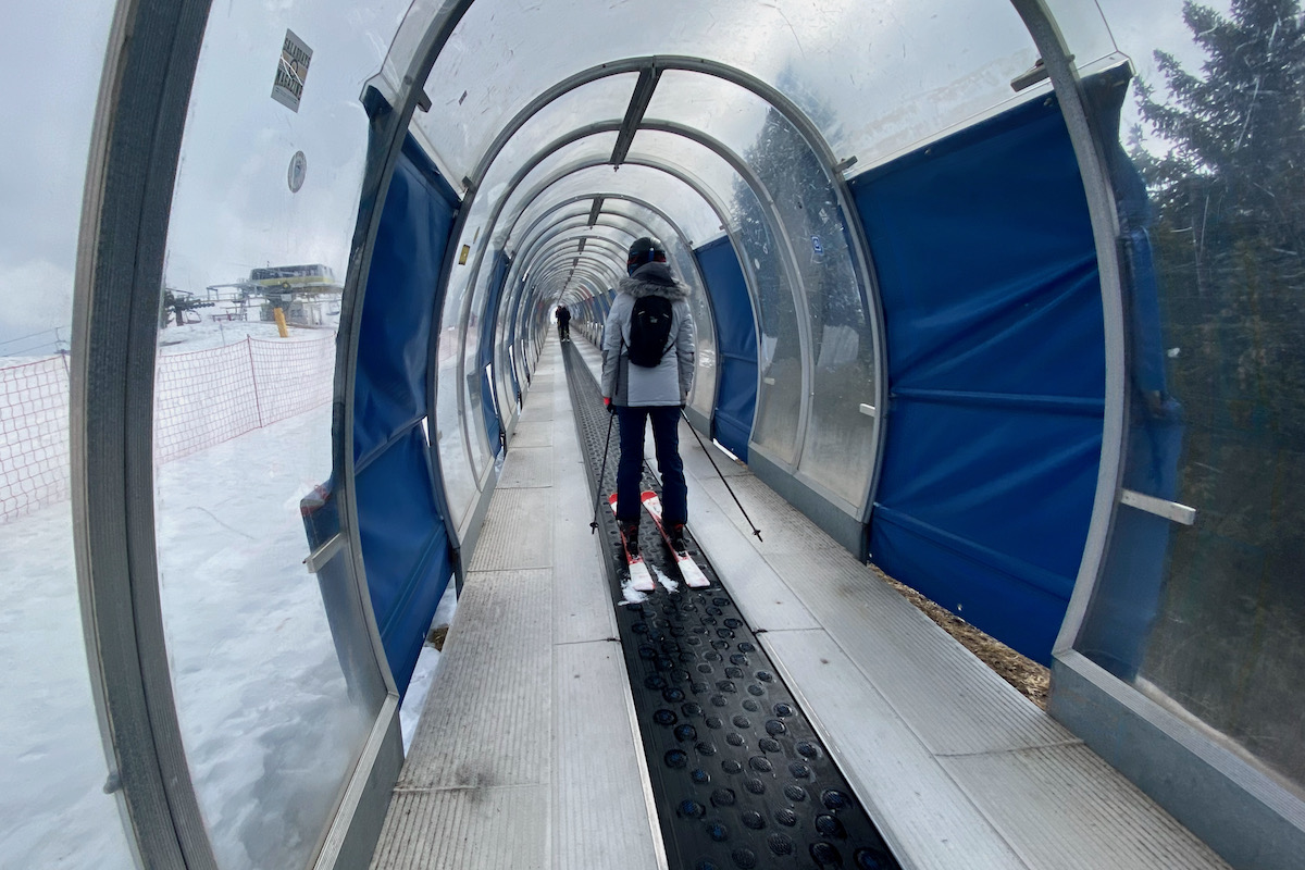 Enclosed Travellator on Serrada ski area in Folgaria, Trentino in Italy