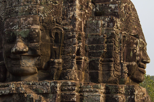 Faces on a tower at the Bayon temple at Angkor Thom, Siem Reap,   Cambodia