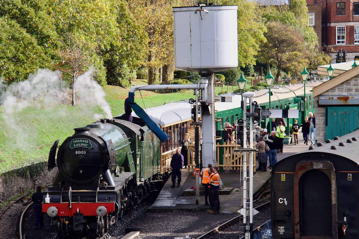 Flying Scotsman preparing to depart from Swanage railway station
