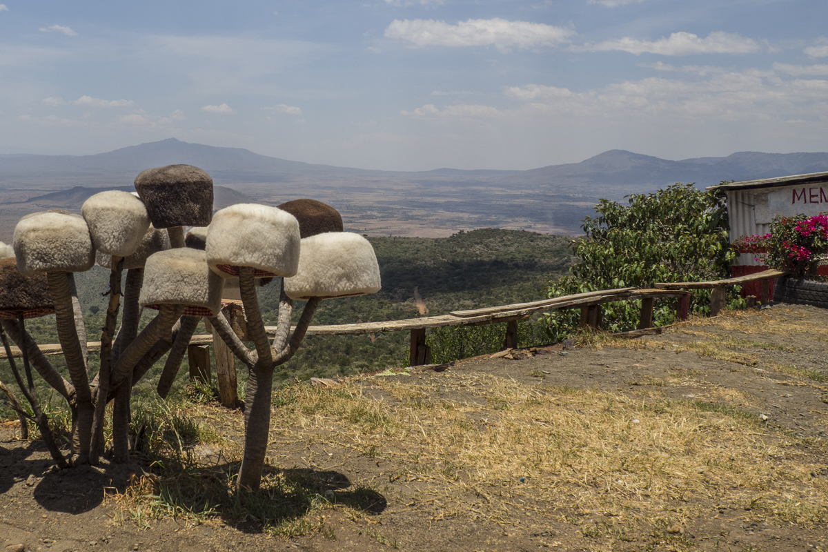 Fur hats for sale on the escarpment of the Rift Valley in Kenya 3010276