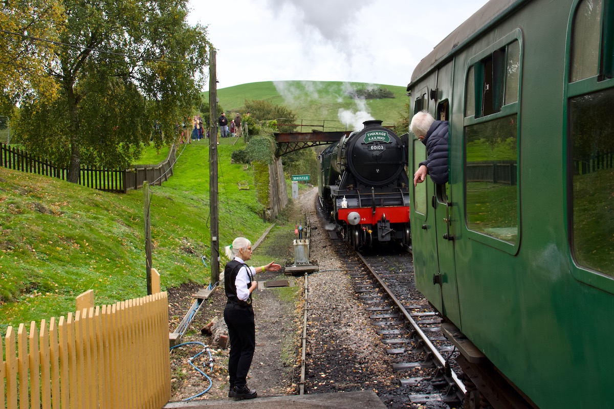 Guiding the Flying Scotsman back to re couple with seven cariages at Norden station