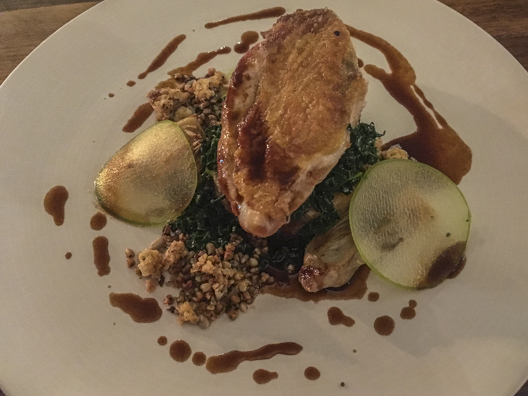 Guinea fowl main course in Beresford's restaurant at the Balmer Lawn Hotel, Brockenhurst in the New Forest, England