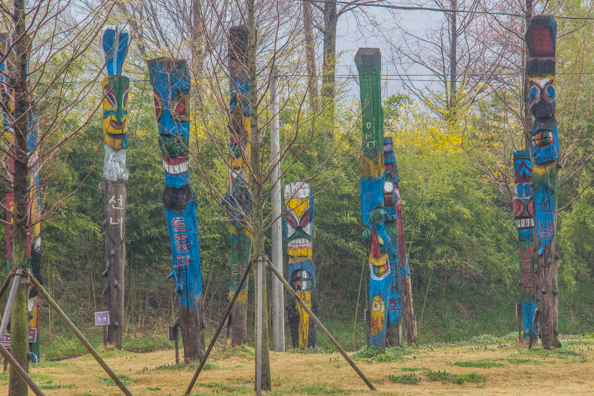 Hanging totem poles on the Avenue of Metasequoia trees  in Damyang, South Korea