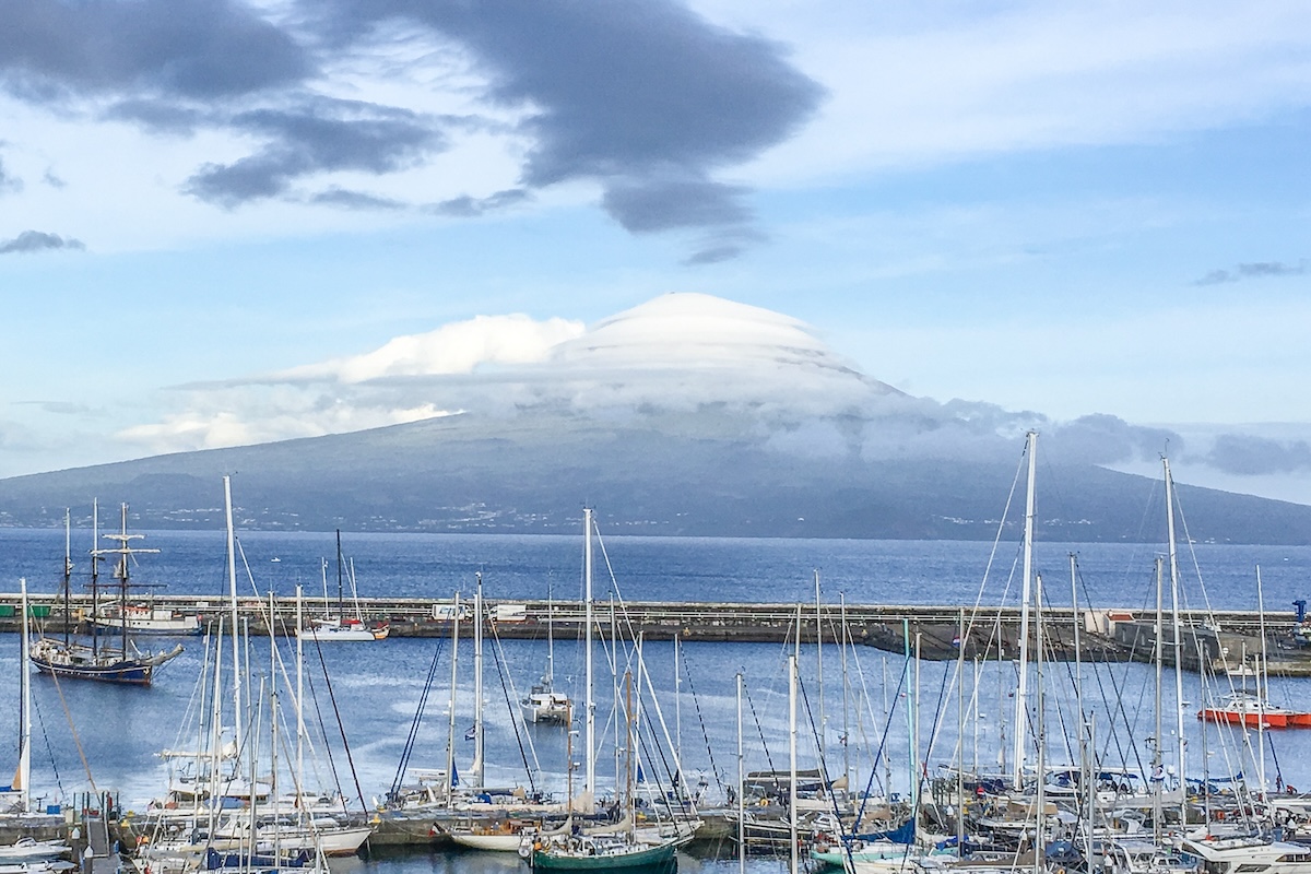 Island of Pico from Horta harbour on Fiale Island in the Azores  2613