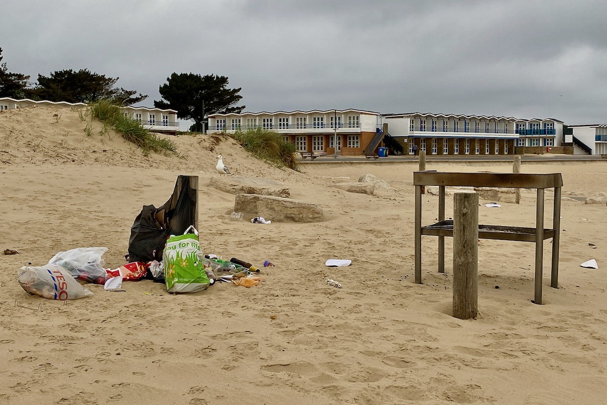 Litter Around the Barbecue Area on Sandbanks Beach, Dorset