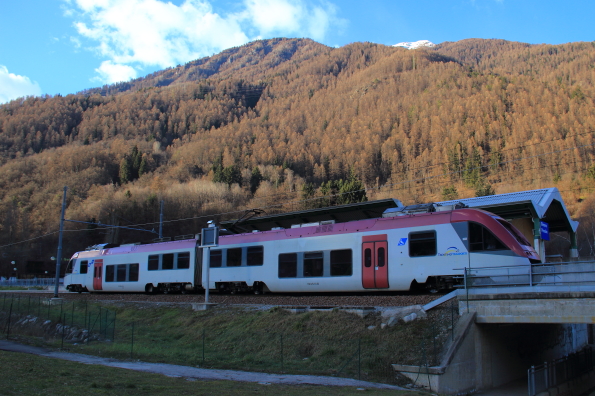 The Dolomite Express arrives in Dimaro, Trentino, Italy