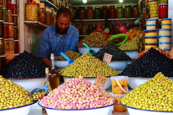 Olives for sale in the souk in Marrakech