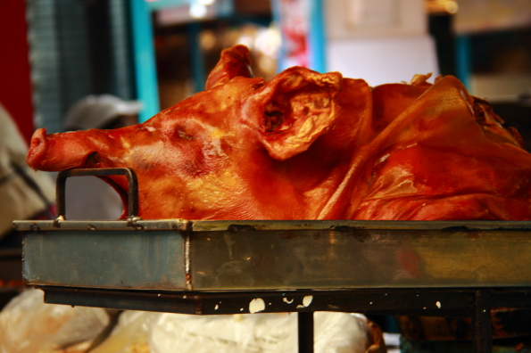 A pig's head in the meat market in Otavalo Ecuador