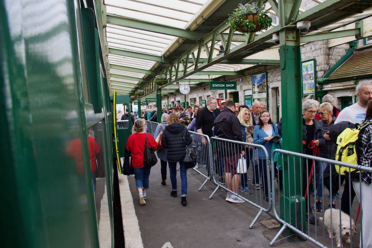 Queueing to board the Flying Scotsman at Swanage railway station