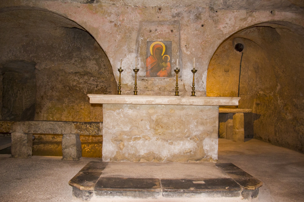 Rupestrian crypt in Chiesa di Santa Maria degli Amalfitani in the old town of Monopoli in Puglia, Italy