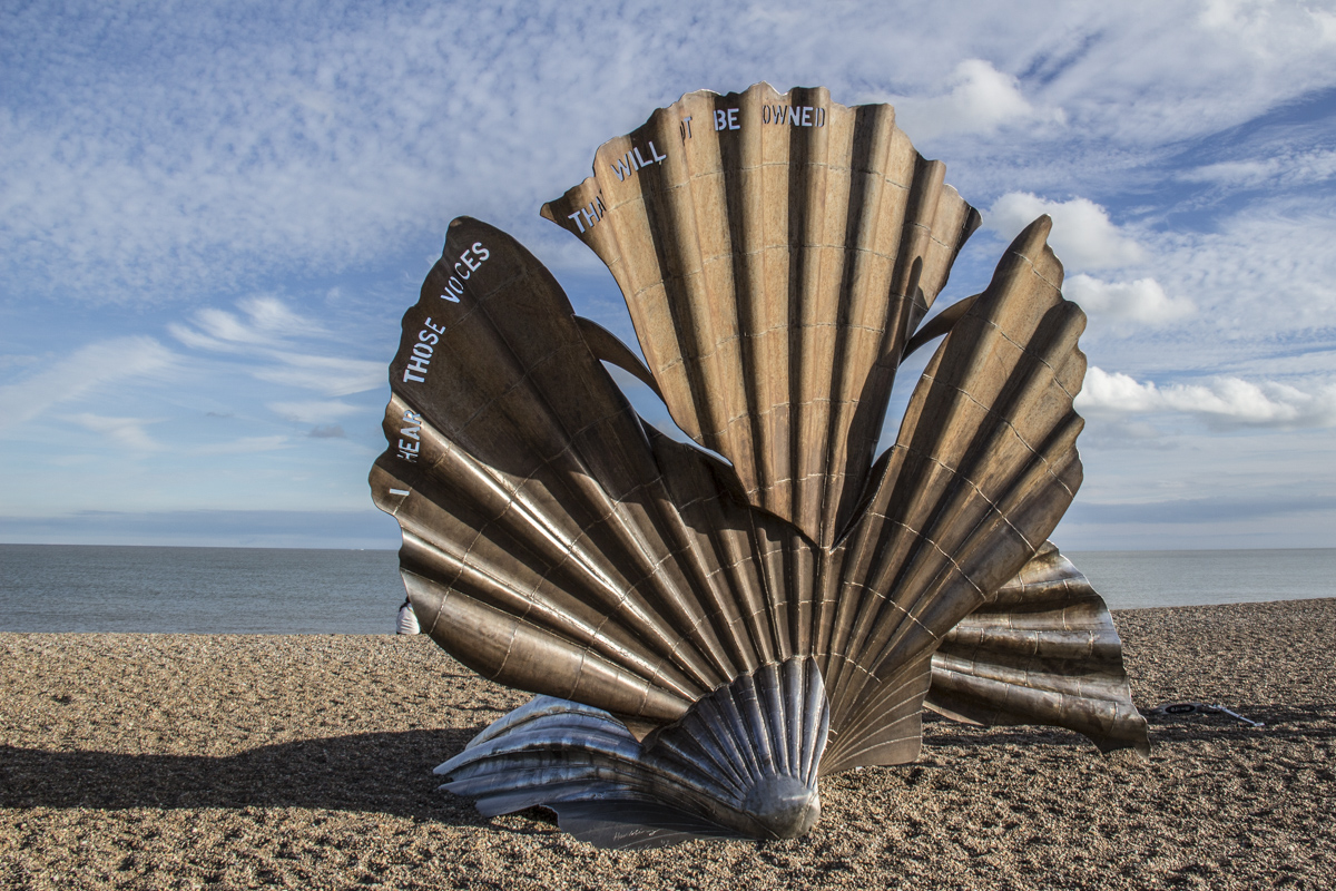 Scallop Sculpture on the beach at Aldeburgh, Suffolk, UK