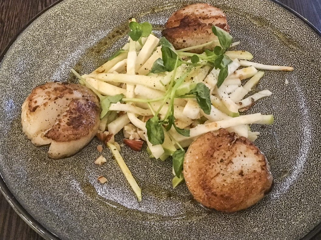 Scallop starter in the Heywood Brasserie at the Heywood Spa Hotel in Tenby in Pembrokeshire, Wales  6071