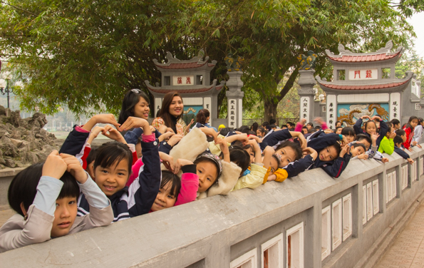School children at Ngoc Son Temple on  Jade Island in Hoan Kiem Lake in Hano Vietnam