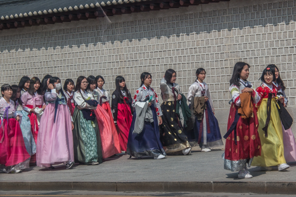 Schoolgirls in traditional dress in Seoul, South Korea