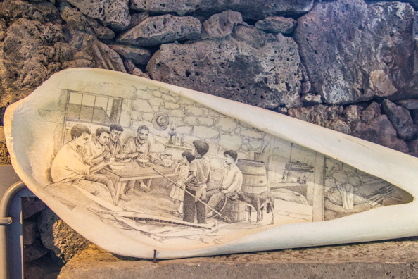 Scrimshaw on the jawbone of a whale in Museo dos Baleeiros on Pico Island in the Azores