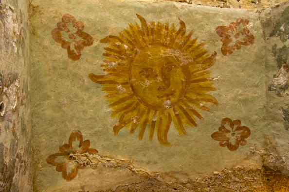 Sun fresco in a privately owned Rupestrian moanastery, Matera in Italy