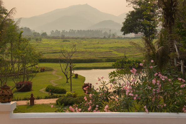 The view from the veranda of the restaurant of the Hotel Santi Resort in Luang Prabang in Laos