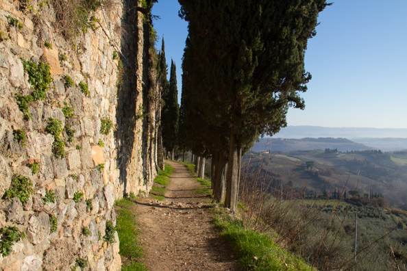 The walk around teh city walls in San Gimignano, Tuscany Italy