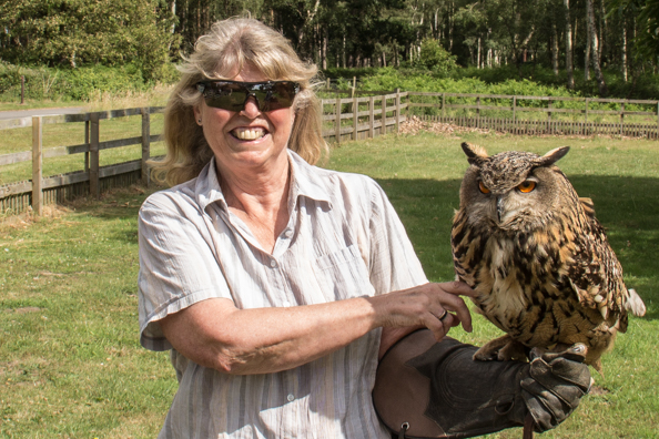 Valery with Matilda, European eagle owl, at Sherwood Hideaway Near Ollerton, Notts, UK