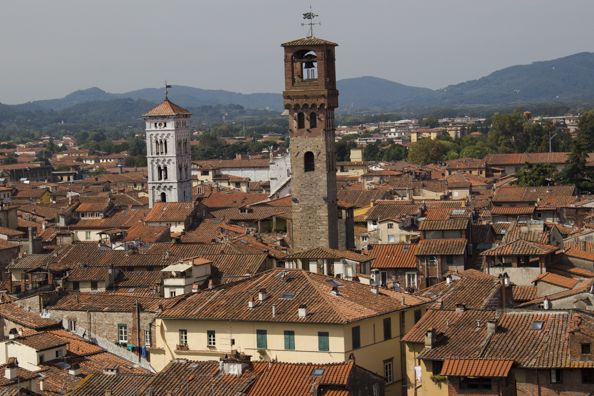 View from the top of the Guinigi Tower in Lucca, Tuscany in Italy