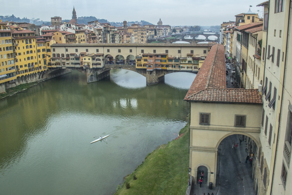 View of the Vasari Corridor over Ponte Vecchio from the Uffizzi Gallery in Florence