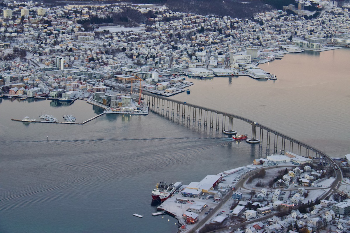 View of Tromsø Bridge from Mt Fløya in Tromsø, Norway