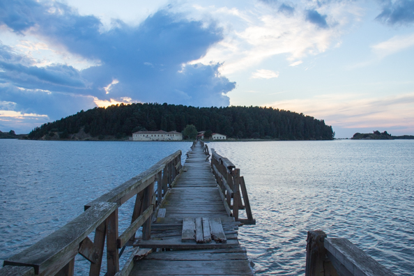 Wooden bridge across Narta Lagoon to Zvërnec Island in Albania